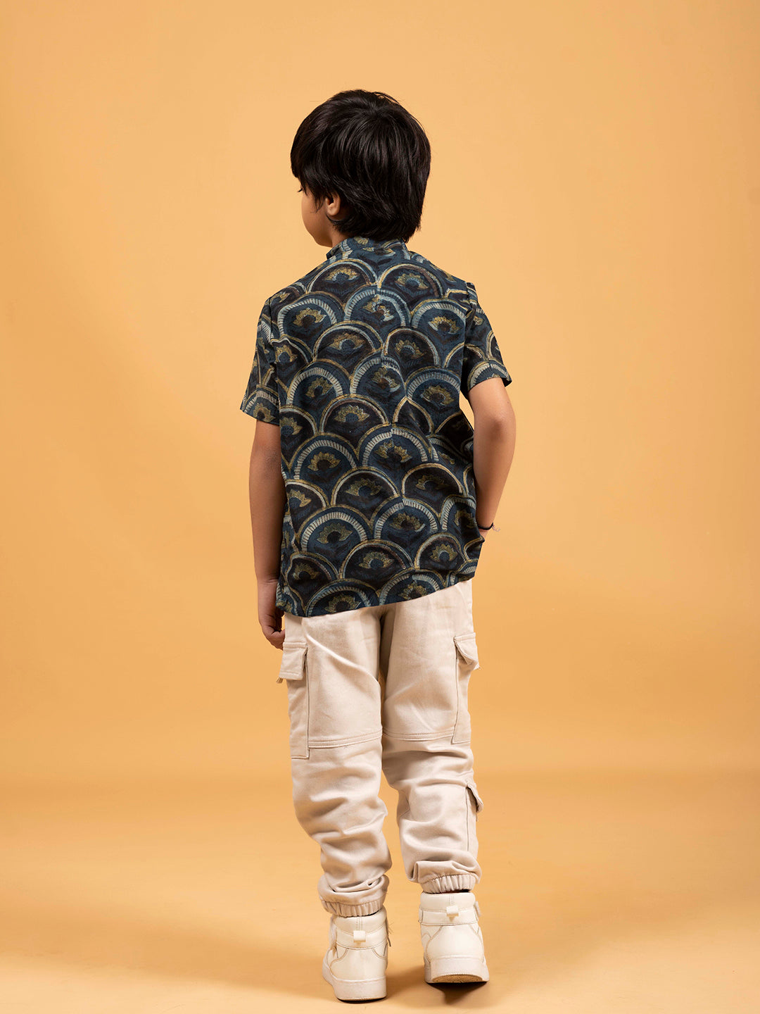 Kids Dark Blue Printed Cotton Shirt