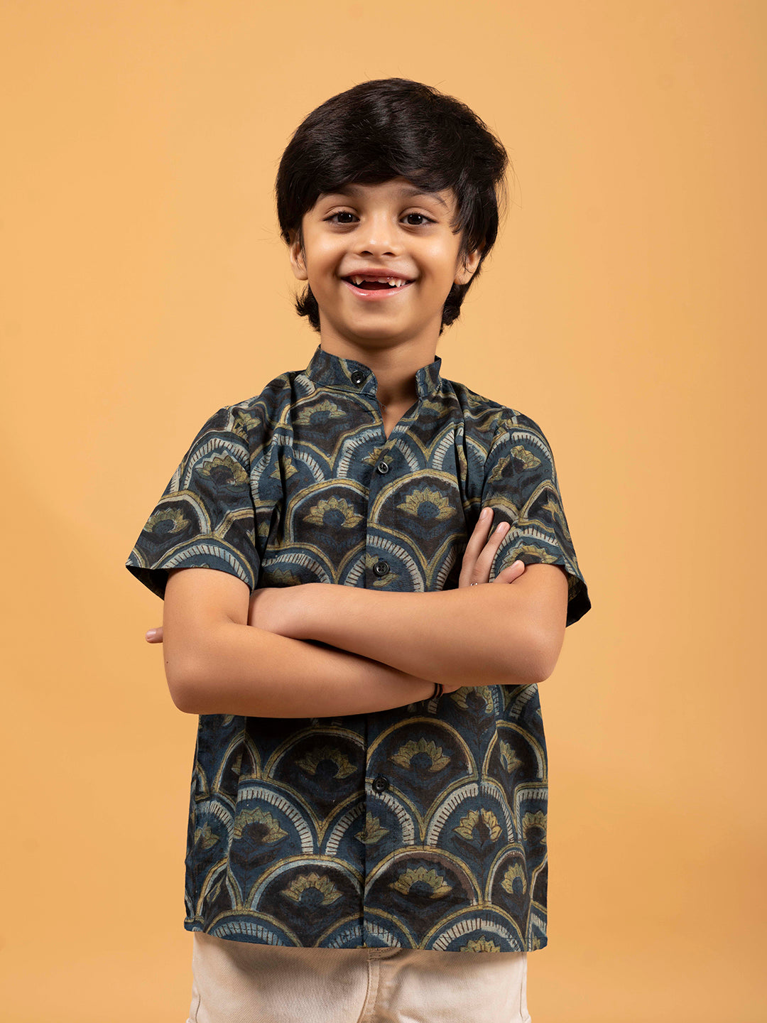 Kids Dark Blue Printed Cotton Shirt