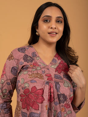 Mauve Printed A-Line Cotton Kurti