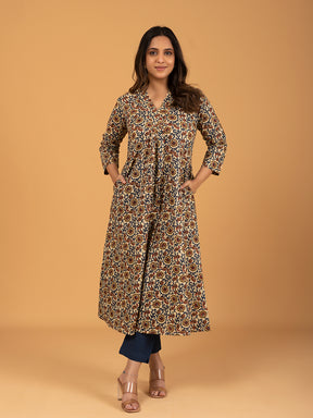 Off-White Printed A-Line Cotton Kurti