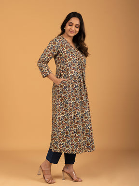 Off-White Printed A-Line Cotton Kurti