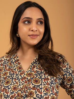 Off-White Printed A-Line Cotton Kurti