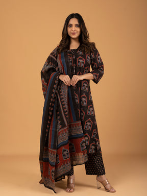 Black Printed Cotton Kurta Set With Dupatta