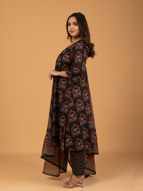 Black Printed Cotton Kurta Set With Dupatta
