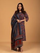 Blue Printed Cotton Kurta Set With Dupatta