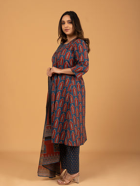 Blue Printed Cotton Kurta Set With Dupatta