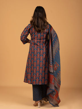 Blue Printed Cotton Kurta Set With Dupatta