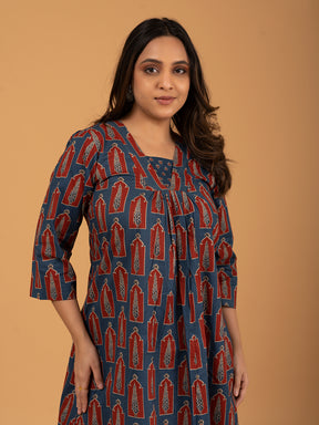 Blue Printed Cotton Kurta Set With Dupatta