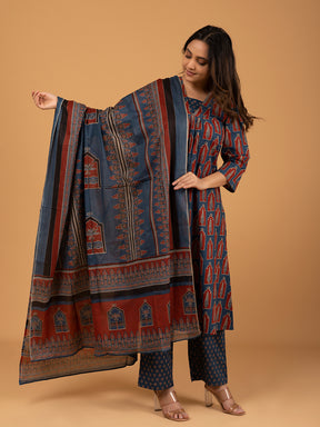 Blue Printed Cotton Kurta Set With Dupatta
