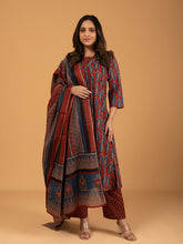 Maroon Printed Cotton Kurta Set With Dupatta