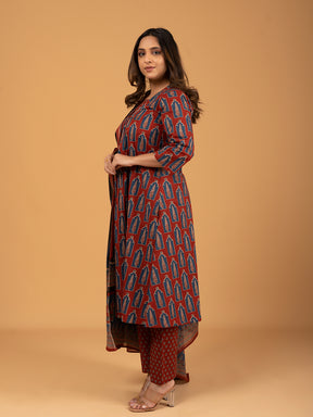 Maroon Printed Cotton Kurta Set With Dupatta