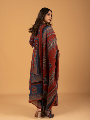 Maroon Printed Cotton Kurta Set With Dupatta