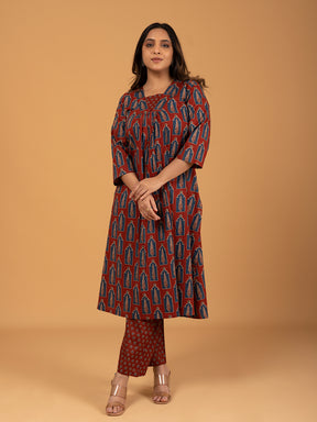 Maroon Printed Cotton Kurta Set With Dupatta