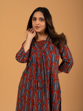 Maroon Printed Cotton Kurta Set With Dupatta