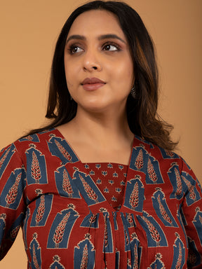 Maroon Printed Cotton Kurta Set With Dupatta
