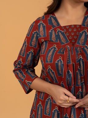 Maroon Printed Cotton Kurta Set With Dupatta