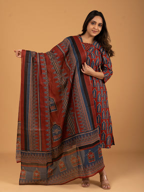 Maroon Printed Cotton Kurta Set With Dupatta
