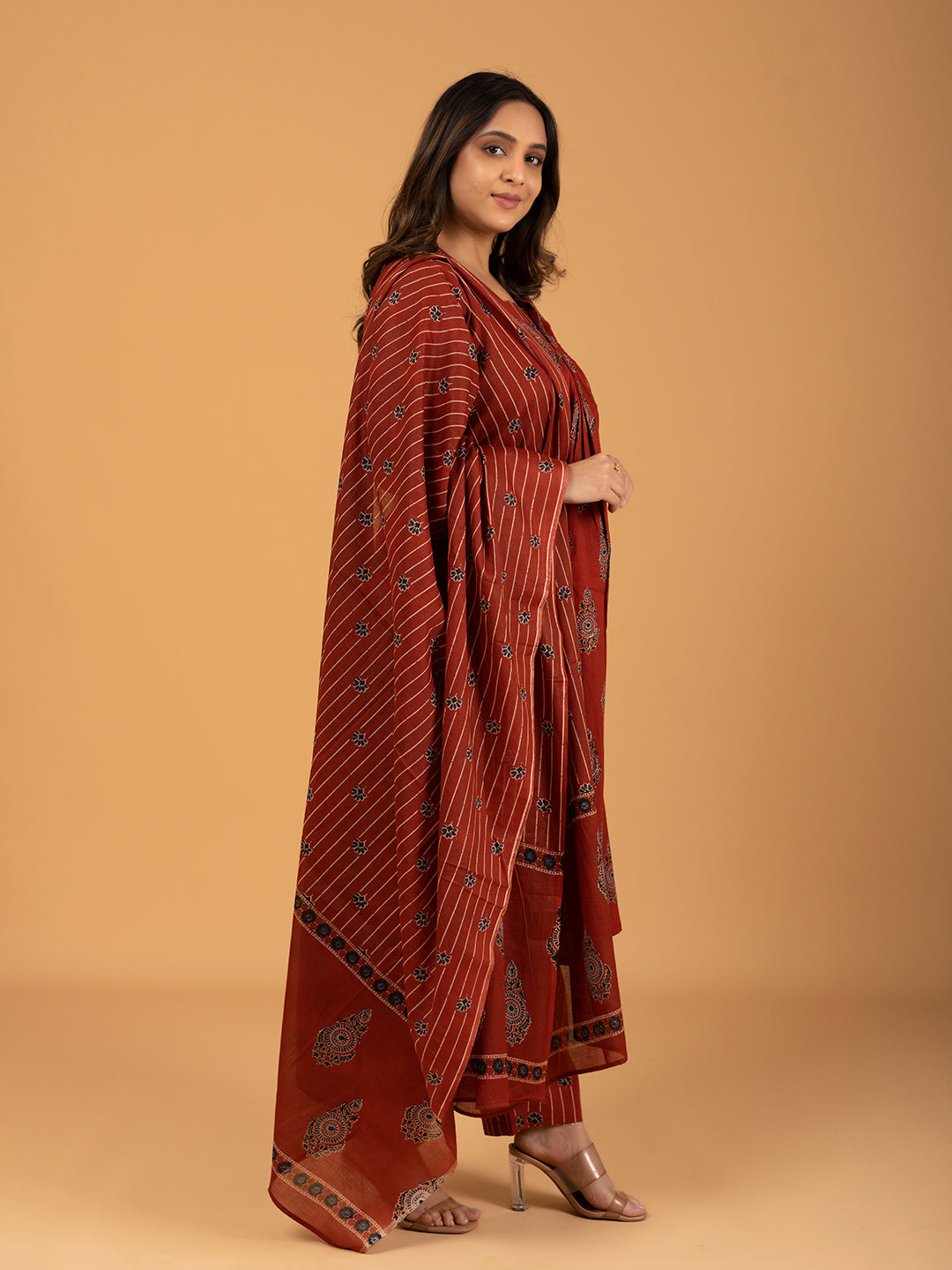 Red Printed Cotton Kurta Set With Dupatta