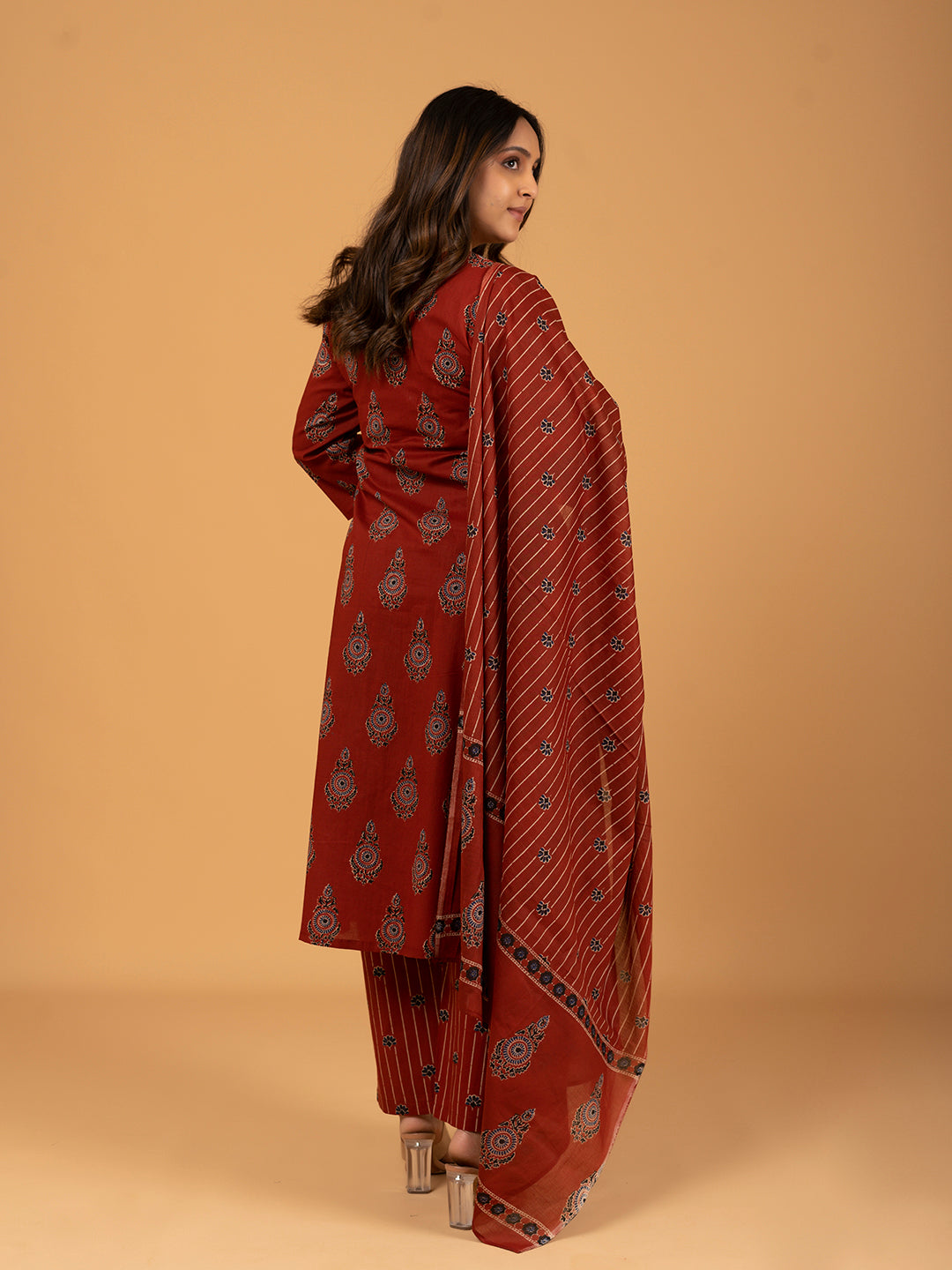 Red Printed Cotton Kurta Set With Dupatta