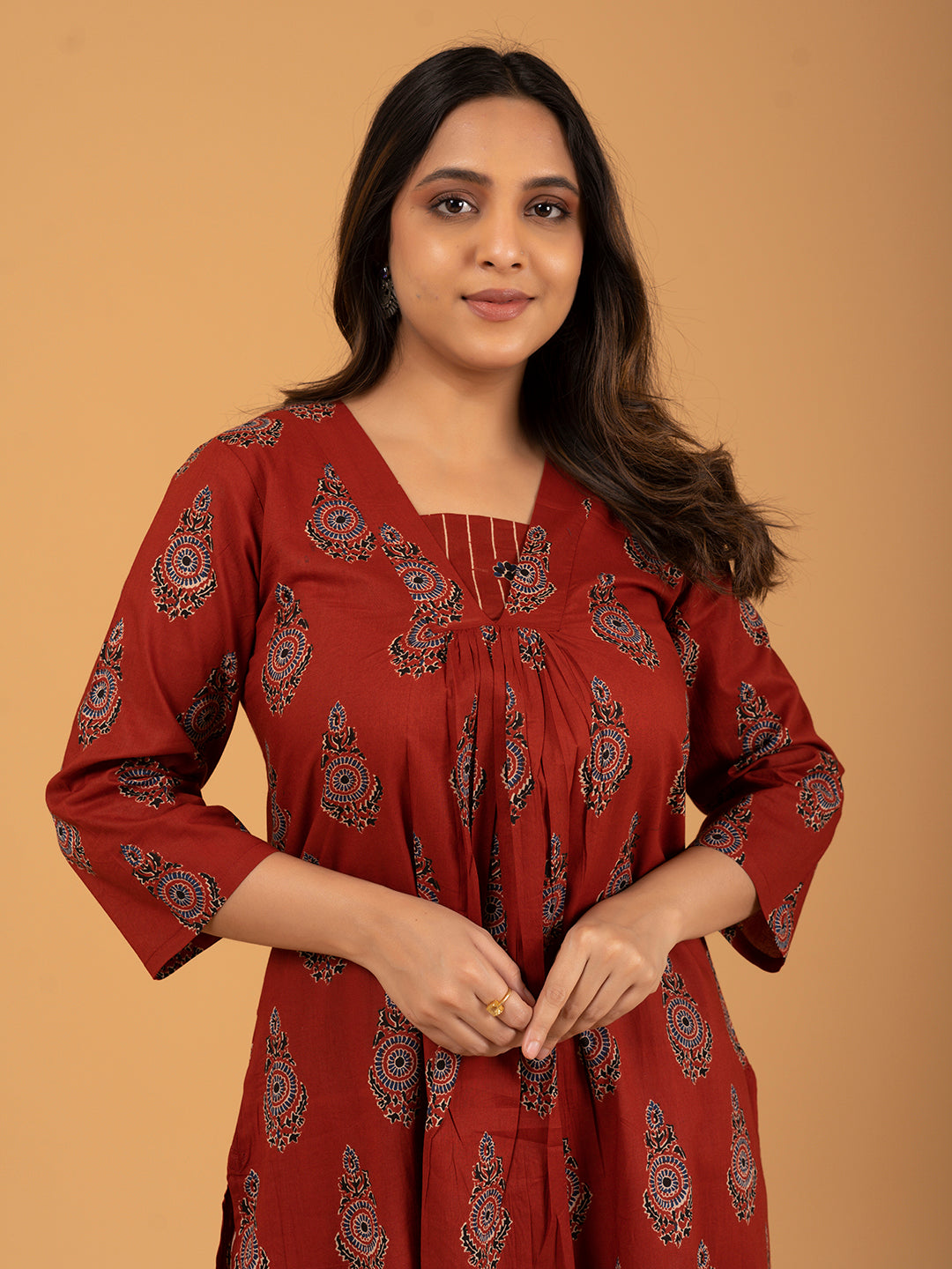 Red Printed Cotton Kurta Set With Dupatta