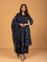 Navy Blue Printed Cotton Kurta Set With Dupatta