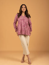 Pink Printed Full Sleeves Alia Cut Cotton Top