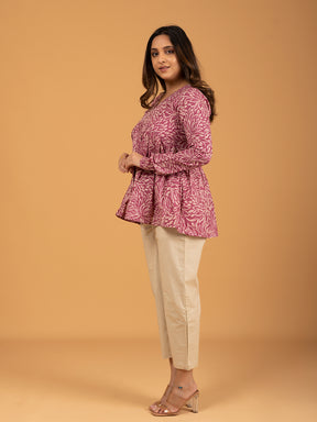 Pink Printed Full Sleeves Alia Cut Cotton Top