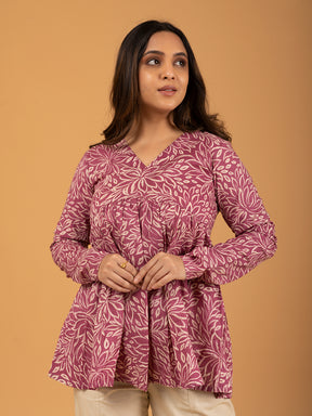 Pink Printed Full Sleeves Alia Cut Cotton Top