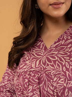 Pink Printed Full Sleeves Alia Cut Cotton Top