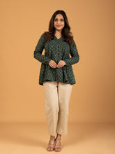 Teal Green Printed Full Sleeves Alia Cut Cotton Top