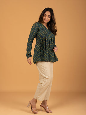 Teal Green Printed Full Sleeves Alia Cut Cotton Top
