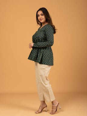 Teal Green Printed Full Sleeves Alia Cut Cotton Top