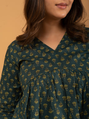Teal Green Printed Full Sleeves Alia Cut Cotton Top
