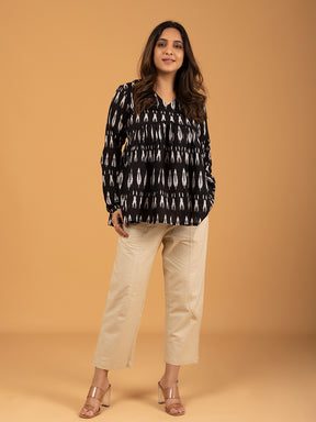 Black Printed Full Sleeves Alia Cut Cotton Top