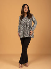 White Printed Full Sleeves Alia Cut Cotton Top