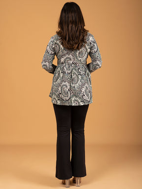 White Printed Full Sleeves Alia Cut Cotton Top