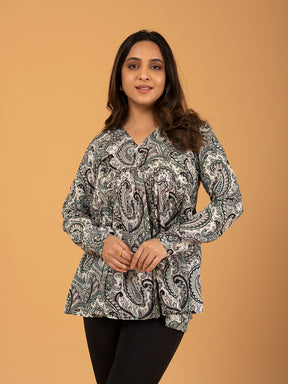 White Printed Full Sleeves Alia Cut Cotton Top