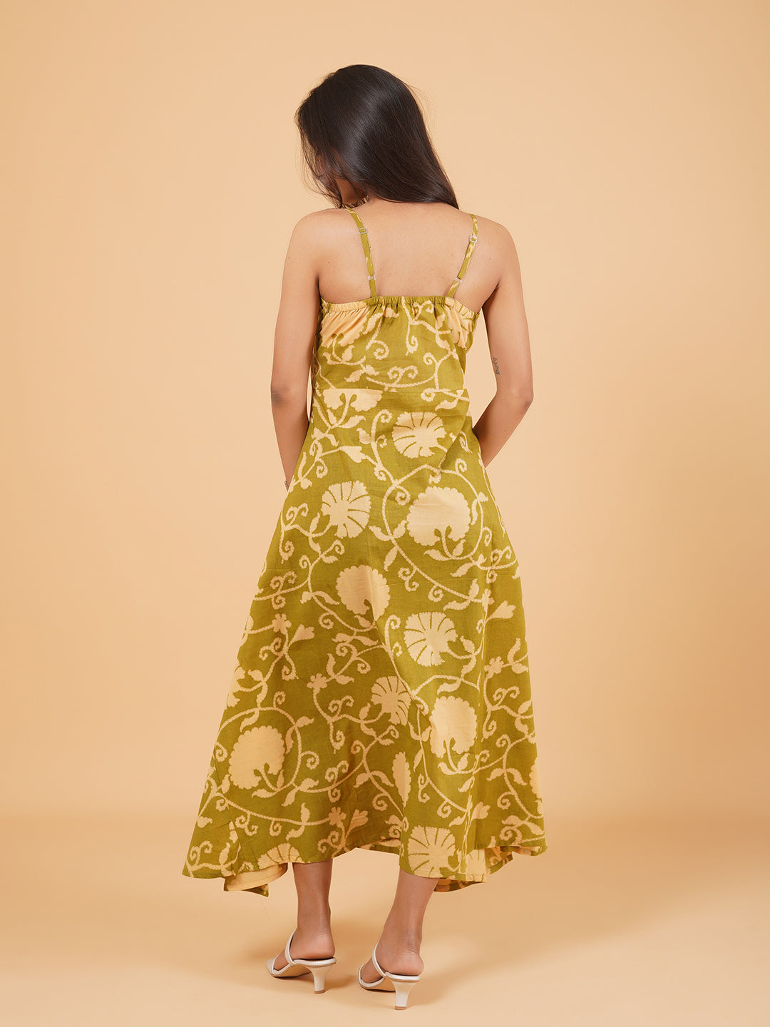 Green Printed Long Cotton Spaghetti Dress
