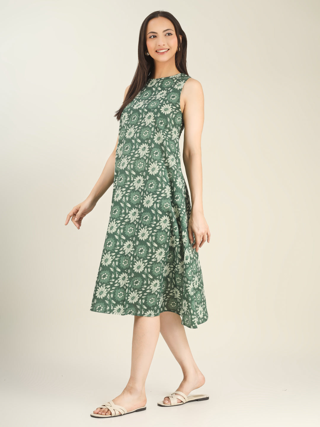 Green Printed Sleeveless A-Line Cotton Dress