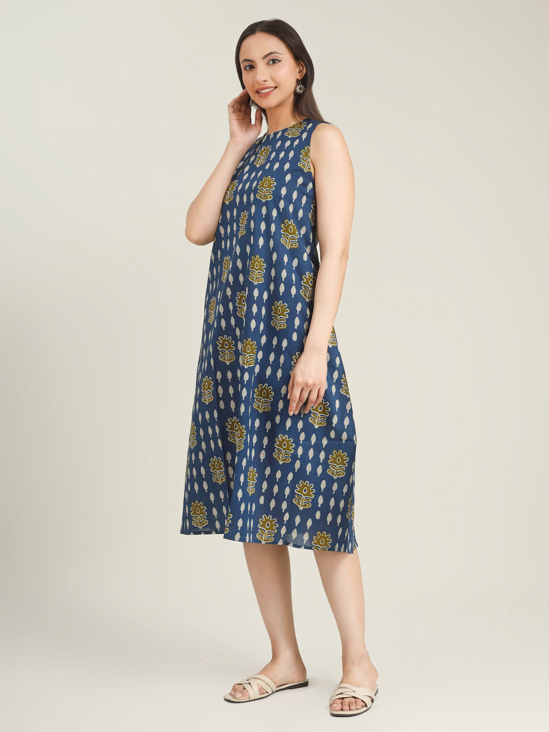 Blue Printed Sleeveless A-Line Cotton Dress