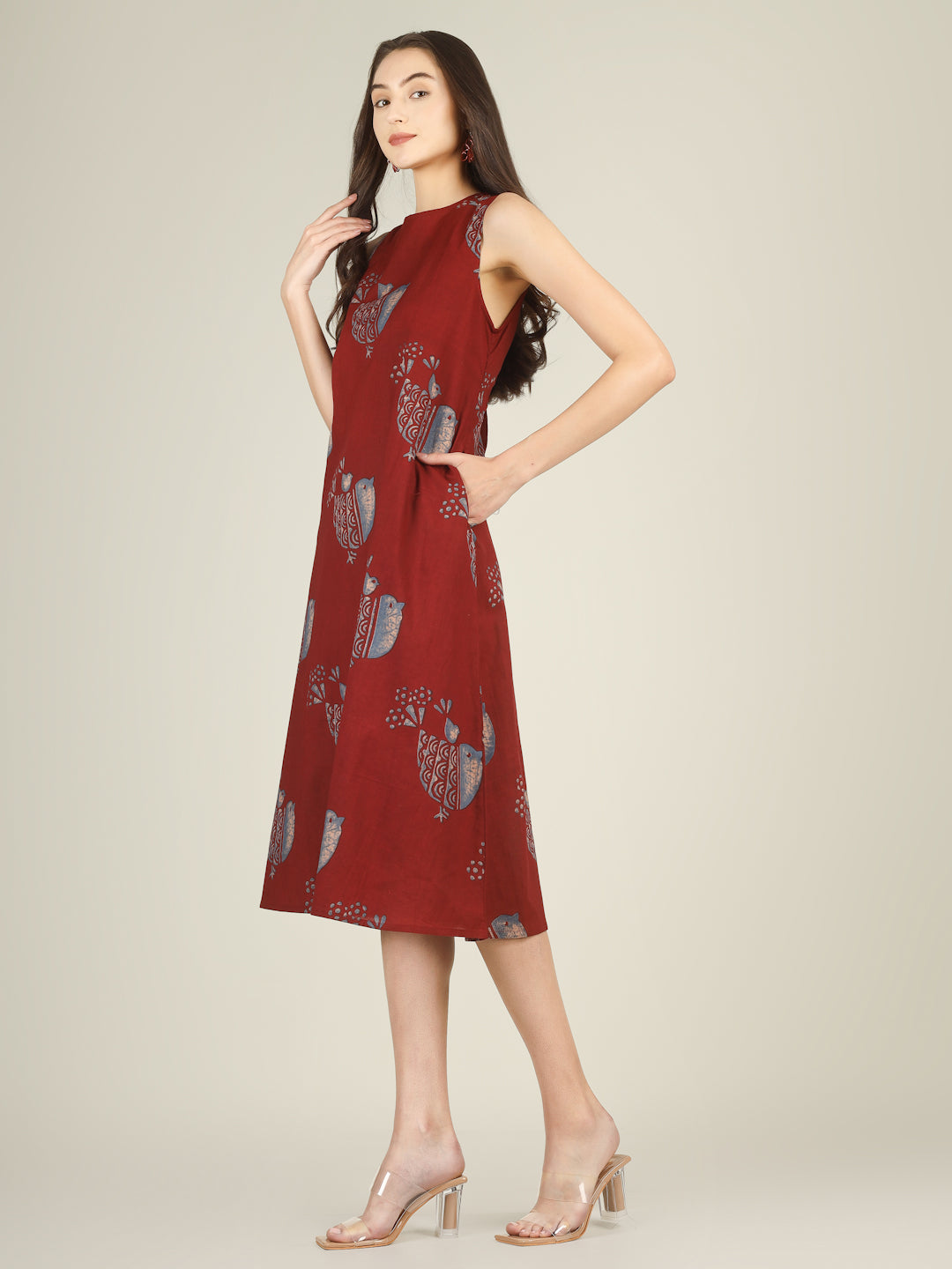 Red Printed Sleeveless A-Line Cotton Dress