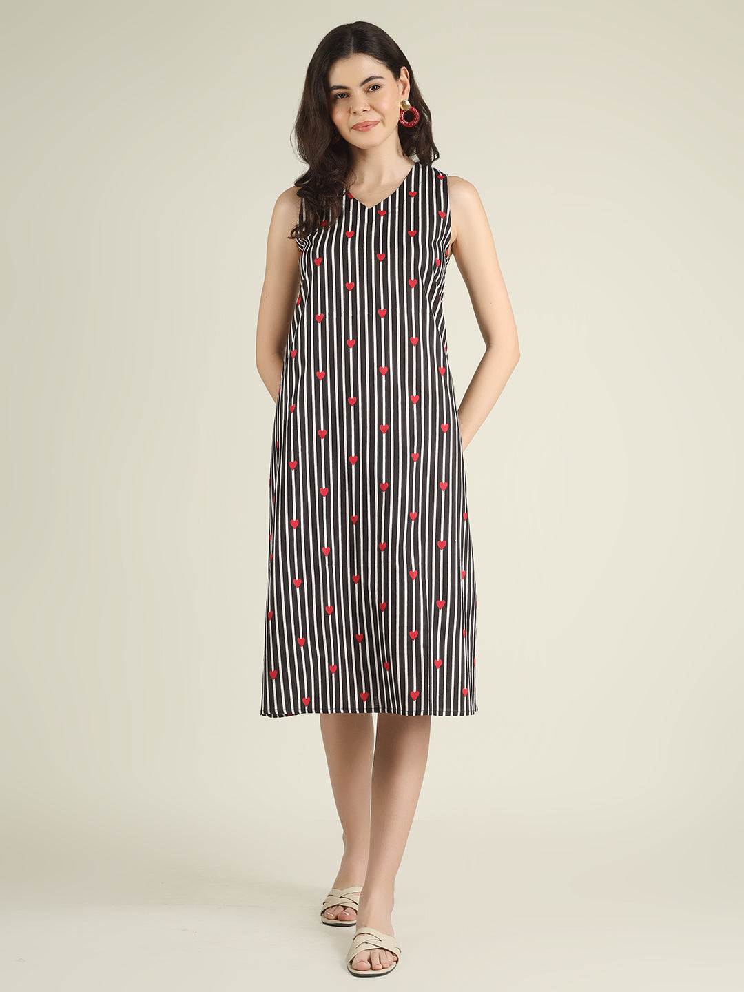 Black Striped Sleeveless V-Neck A-Line Cotton Dress