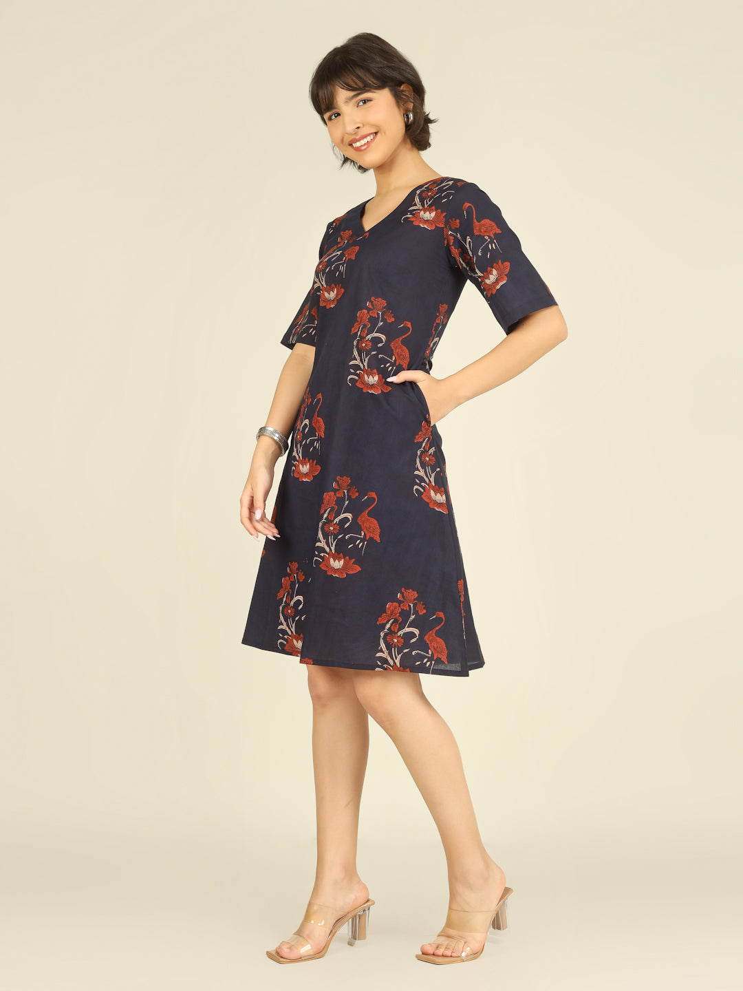 Navy Blue Printed Half-Sleeve A-Line Short Cotton Dress