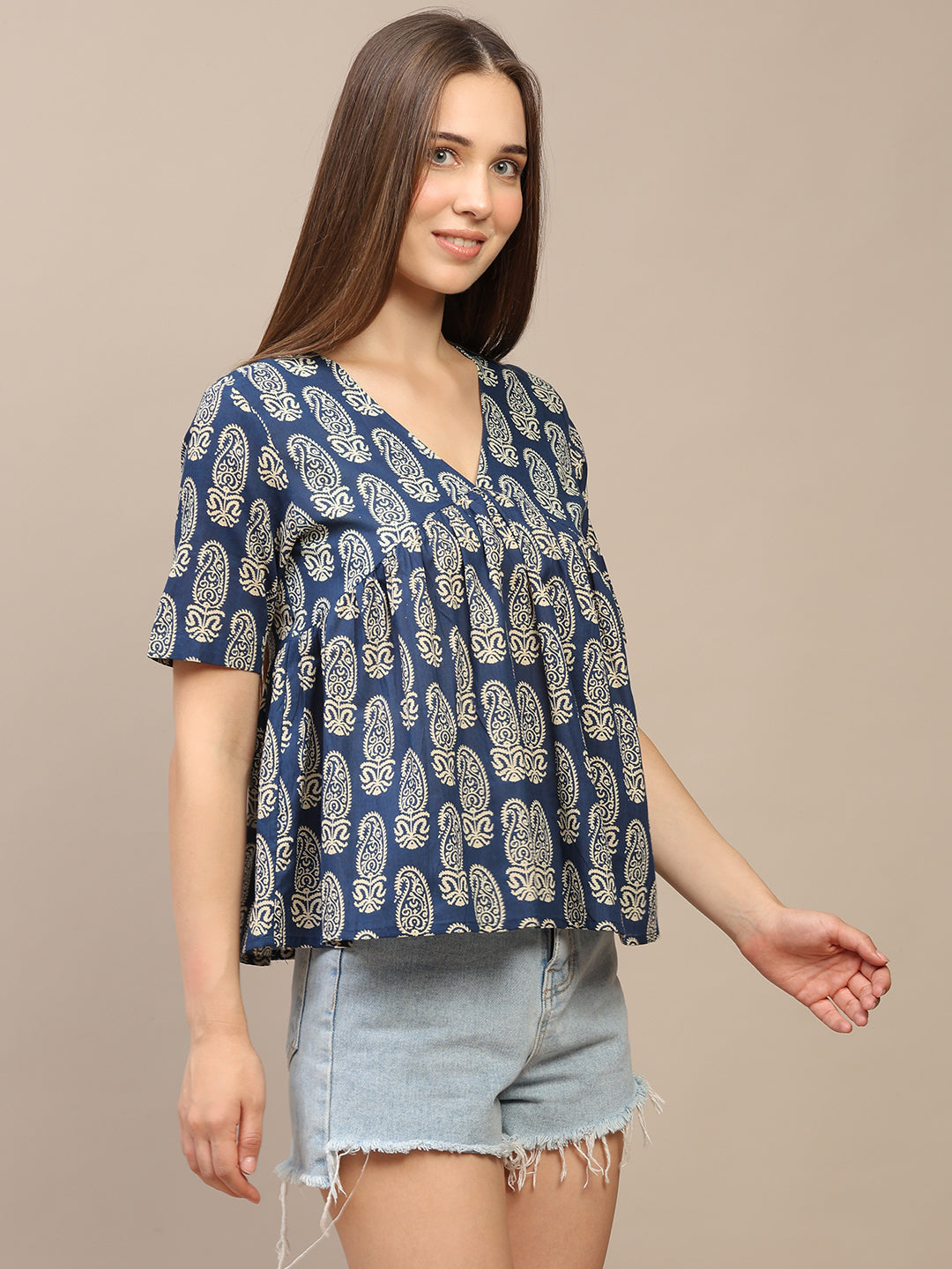 Blue Printed Half-Sleeve Alia-Cut Cotton Top