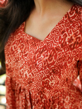 Rust Printed Short Cotton Dress