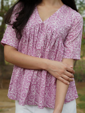 Pink Printed Half-Sleeve Alia Cut Cotton Top