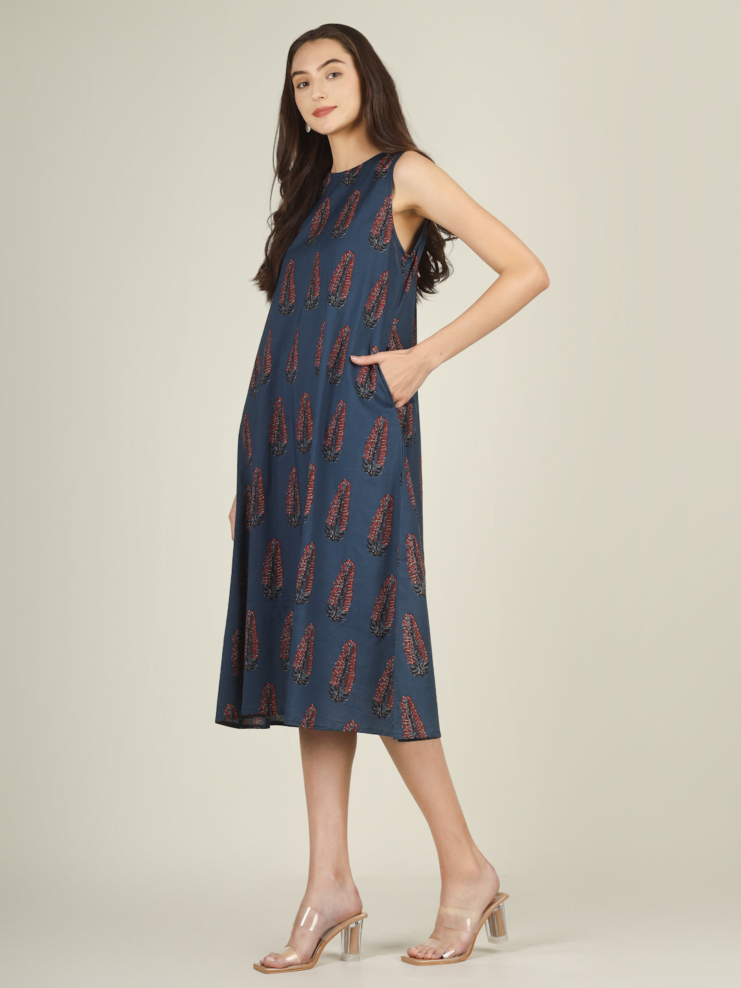 Blue Printed Sleeveless A-Line Cotton Dress