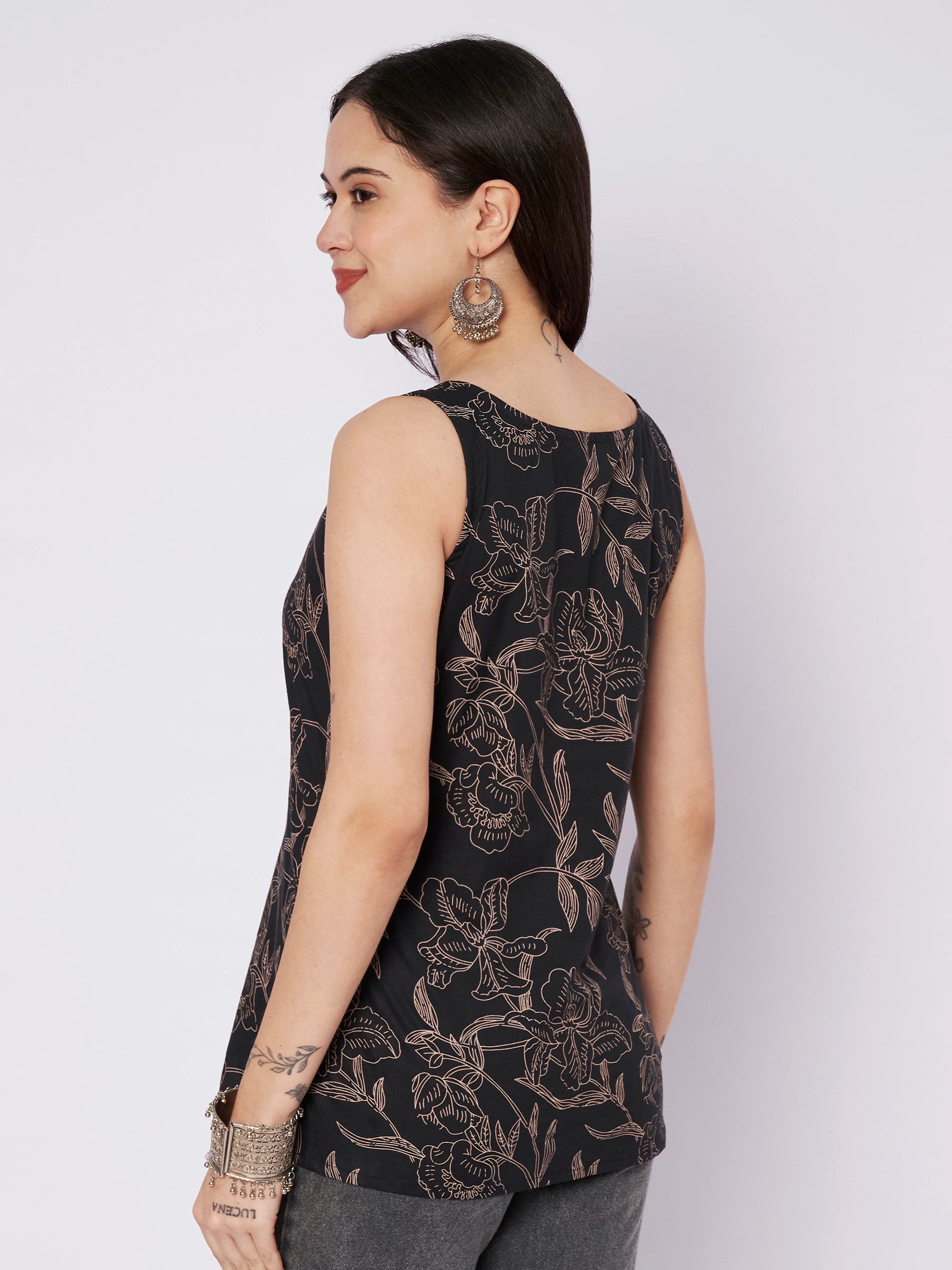 Black Printed Sleeveless Cotton Top