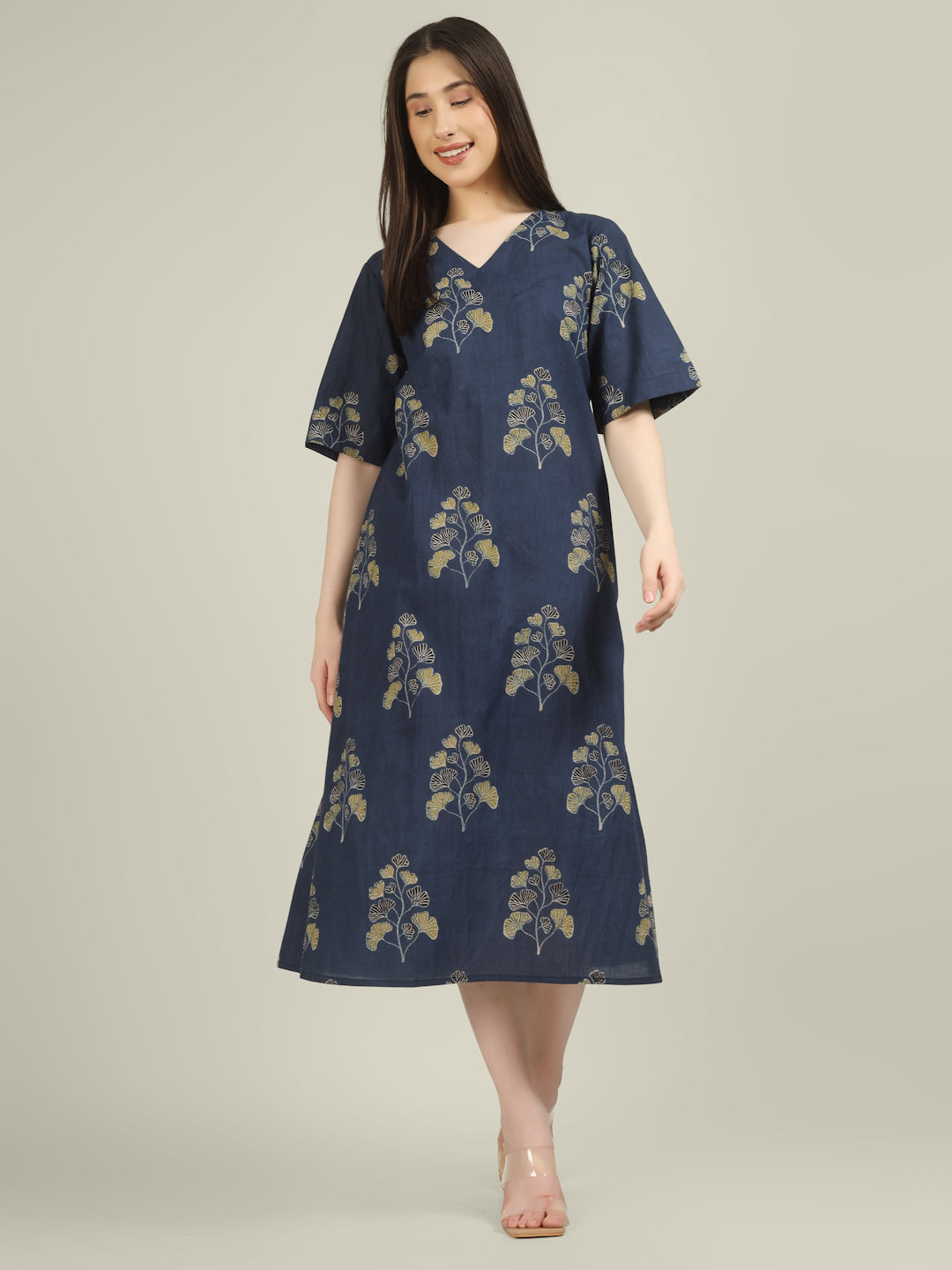 Blue Printed Half-Sleeve A-Line Cotton Dress