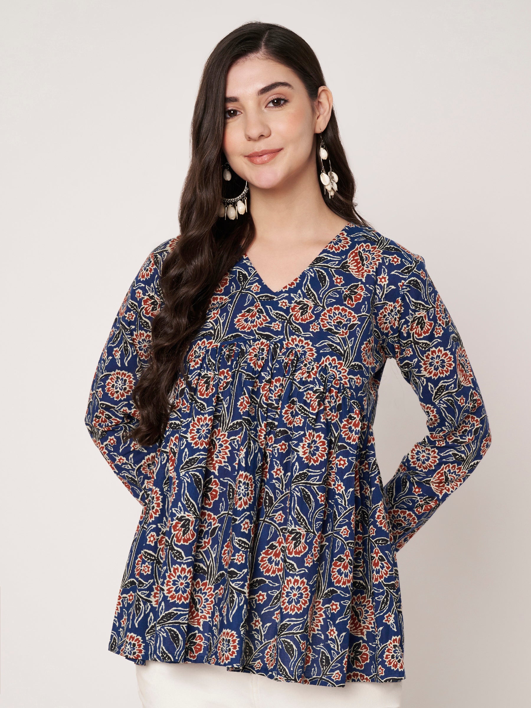 Blue Printed Alia-Cut Cotton Top